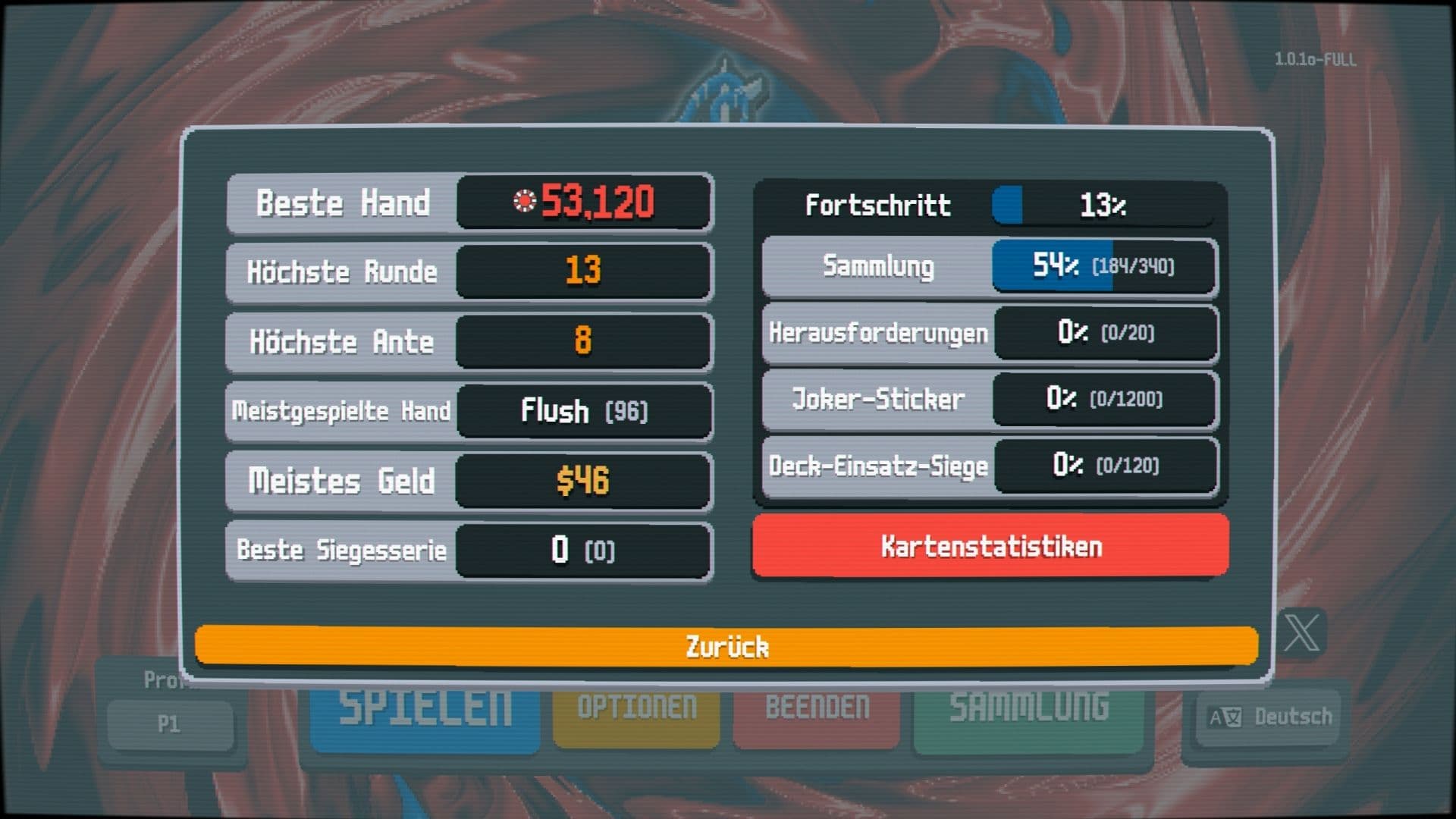 Ein Statistik-Bildschirm über die beste Hand, höchste Runde, höchste Ante, meistegespielte Hand, meistes Geld, … über alle bisher gespielten Runden/Durchgänge, inklusive weiterer Kartenstatistiken.