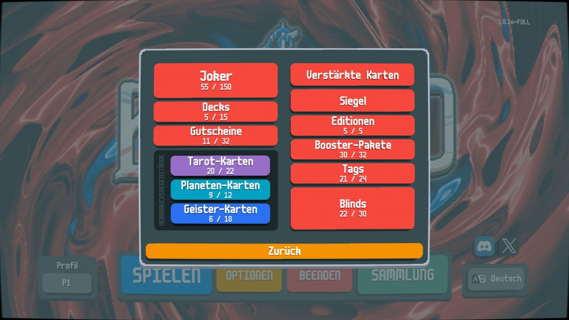 Eine Übersicht aller bisher im Spiel gesammelten Joker, Decks, Gutscheine, Karten, Siegel, Editionen, Booster-Pakete, Tags und Blinds.