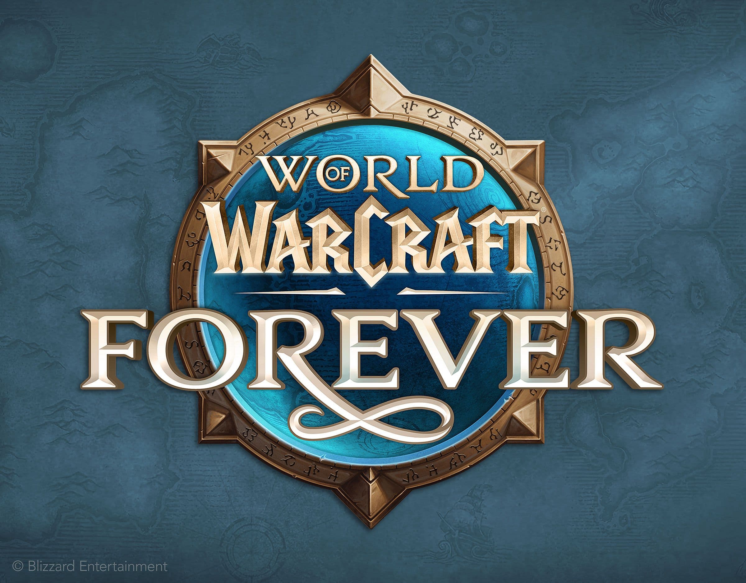 Logo von World of Warcraft Forever auf blauem Hintergrund mit Wappen.