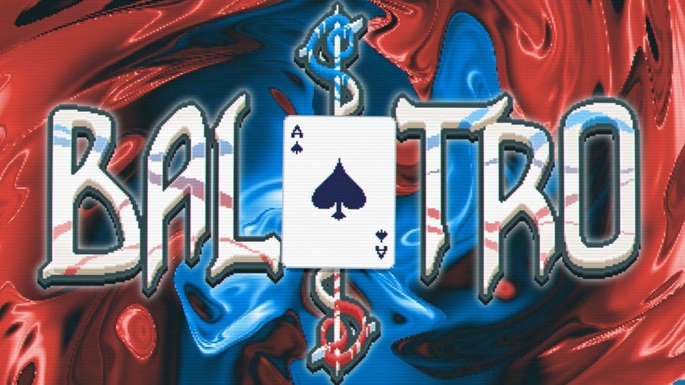Der typische Balatro-Schriftzug vor blau-rot waberndem und fließendem Hintergrund, bei dem Text wurde das zweite »A« durch eine Pik-Ass-Spielkarte ersetzt.