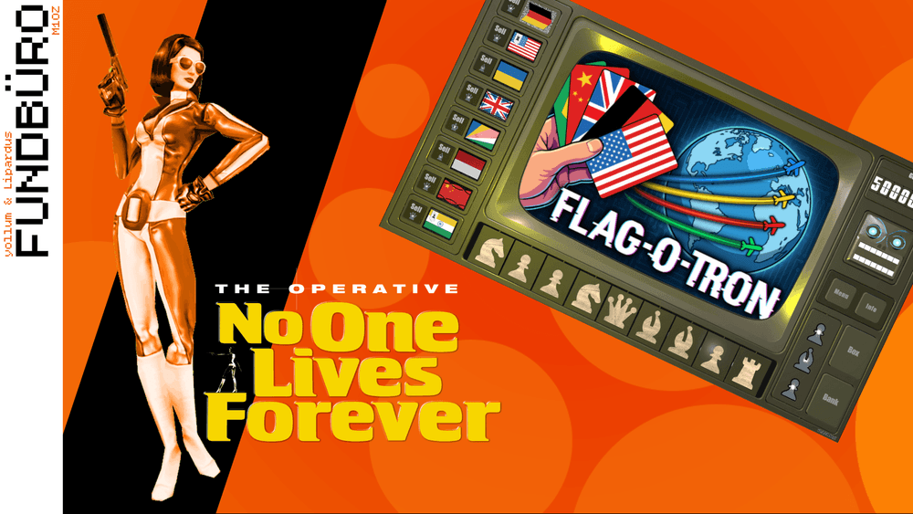 Banner zum Spiel The Operative: No One Lives Forever mit Agentin, Fernseher Flag-O-Tron und Fundbüro-Logo