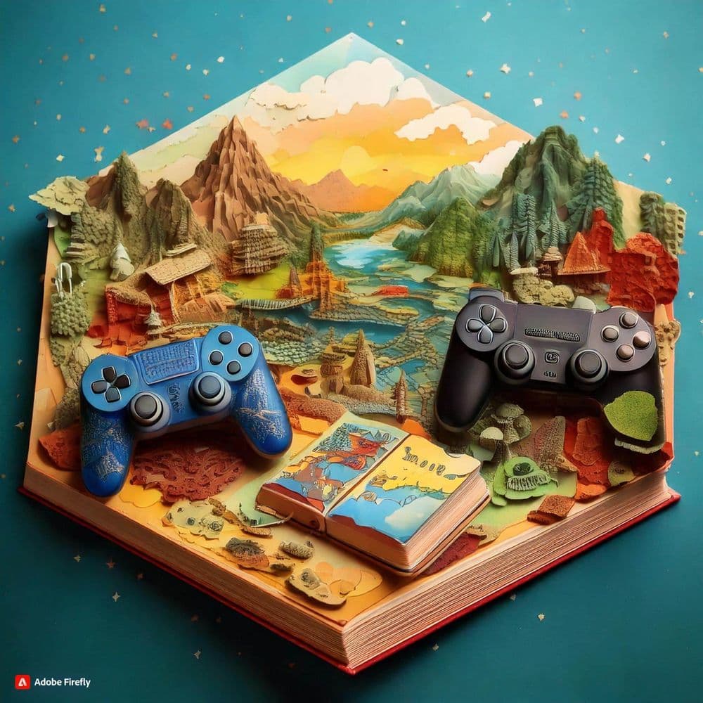 Aufgeschlagenes Buch mit aufklappbarer Landschaft und zwei Gamecontrollern, daneben ein kleines Buch.
