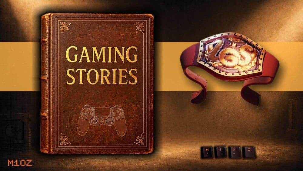 Altes Buch „Gaming Stories“ mit Gamepad-Symbol, daneben ein goldener Gürtel mit Schriftzug M10Z.