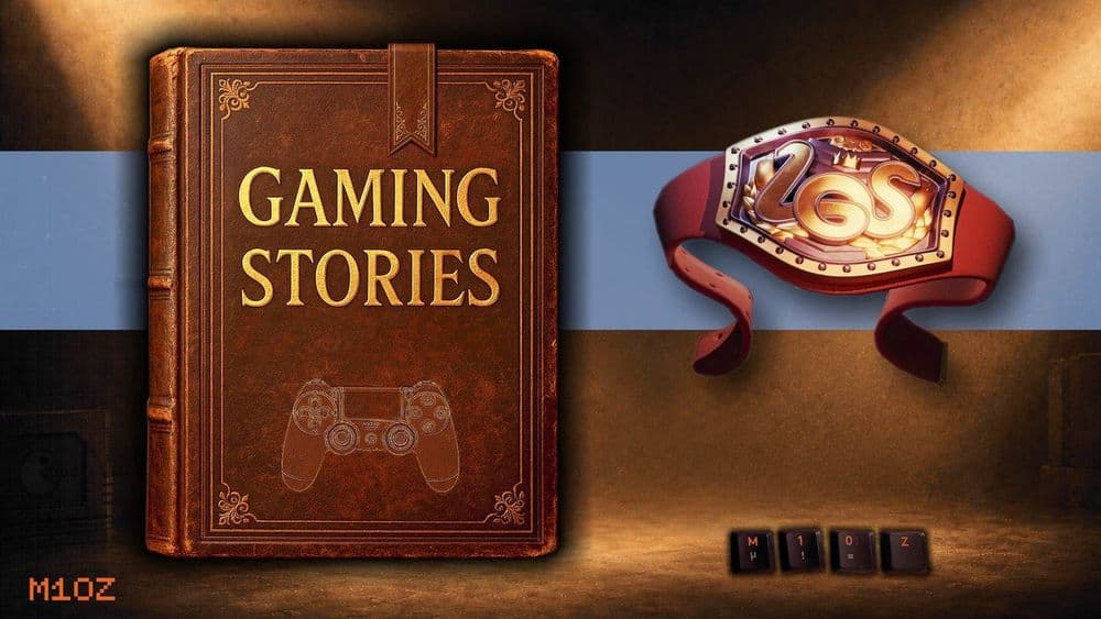 Buch „Gaming Stories“ neben einem Wrestling-Gürtel mit M10Z-Logo und kleinen Tasten.