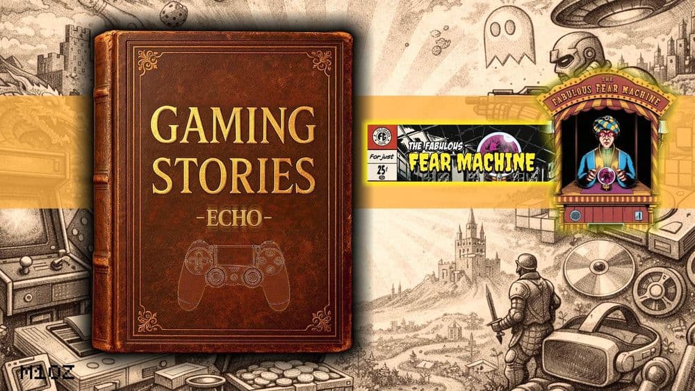 Braunes Buch Gaming Stories – ECHO mit Controller-Prägung, umgeben von Sepia-Skizzen und Fear-Machine-Motiven.