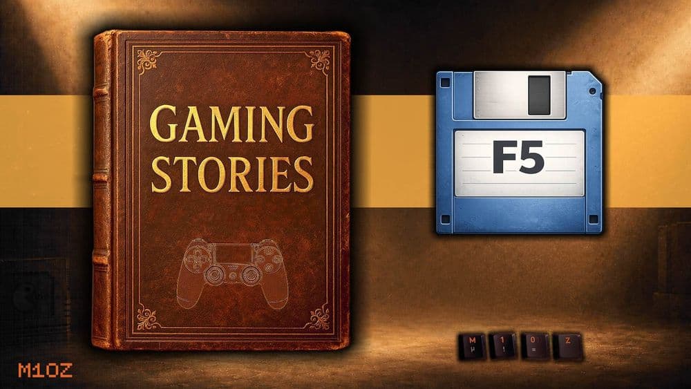 Braunes Buch mit goldenem Titel Gaming Stories und Gamepad-Skizze neben blauer Diskette mit Aufschrift F5.