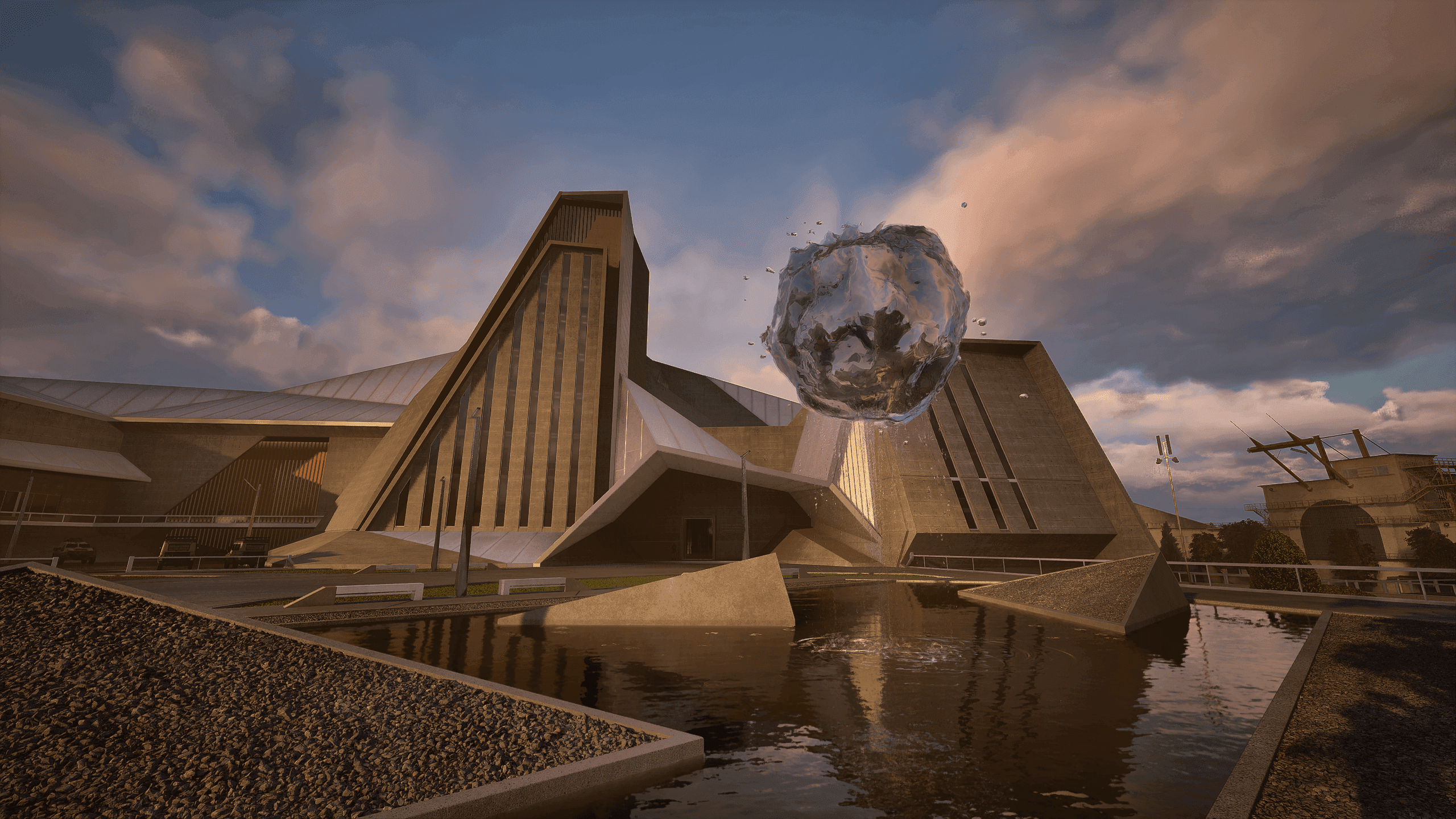 Brutalismus trifft Science-Fiction: Eine schwebende Metallkugel vor geometrischer Betonarchitektur. Brutalistischer Betonbau mit vorgelagertem Wasserbecken, darüber schwebt eine metallene Kugel bei Abendwolken.