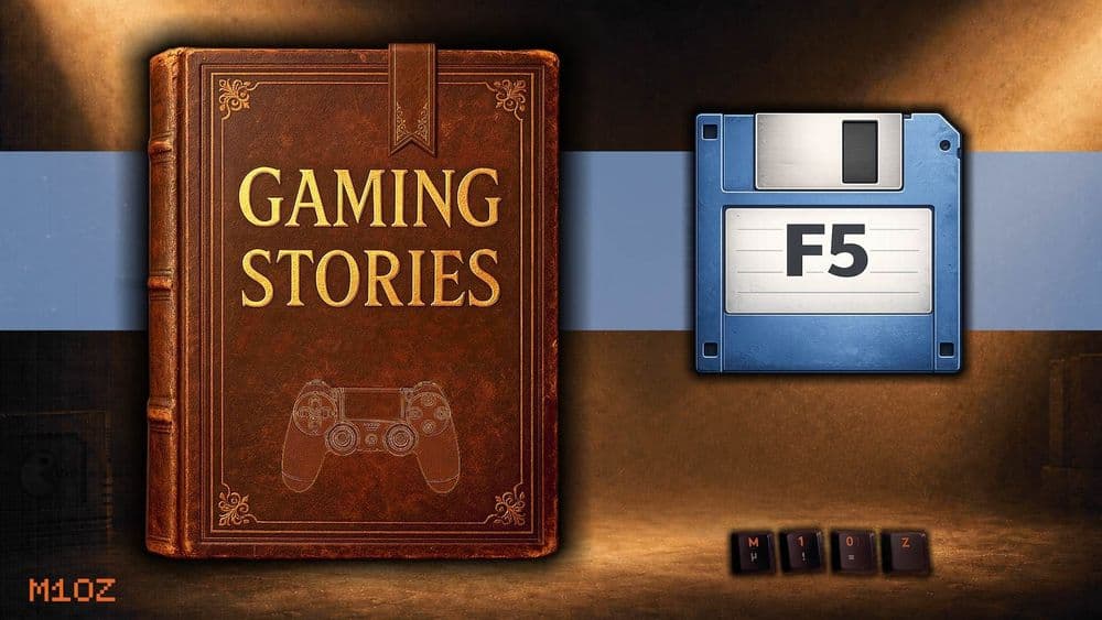 Das Artikel-Banner zur fünften Folge zeigt das Buchmotiv und eine Diskette mit der Aufschrift F5. Buch „Gaming Stories“ neben einer blauen Diskette mit der Aufschrift F5